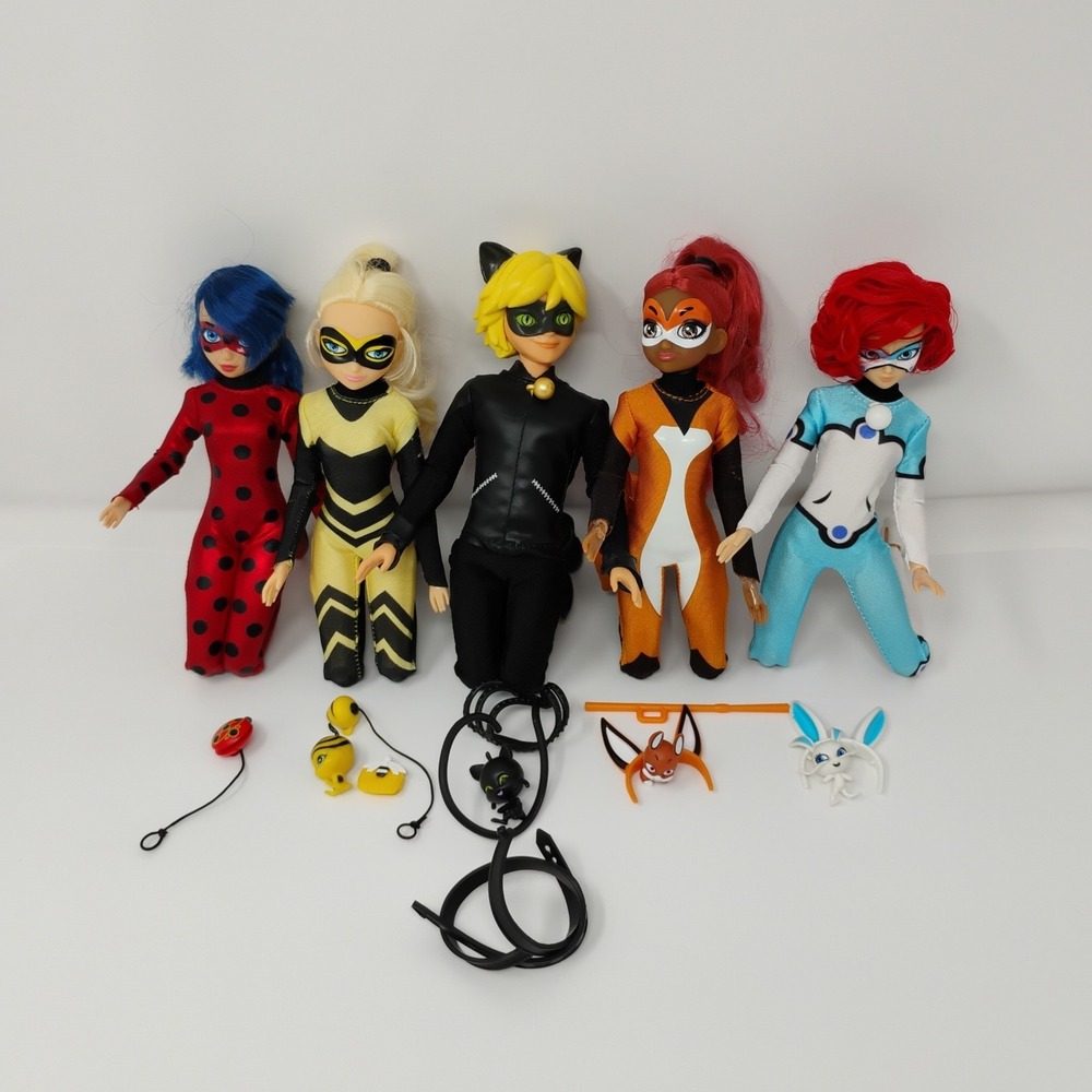 Miraculous Ladybug Doll Cat Noir Marinette Queen Bee 11" Lot of 5 & Accessories